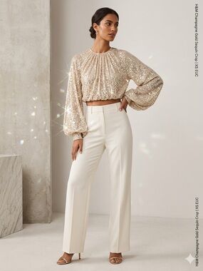 H&M Champagne Gold Sequin Cropped Top - Puff Sleeves - XS EUC